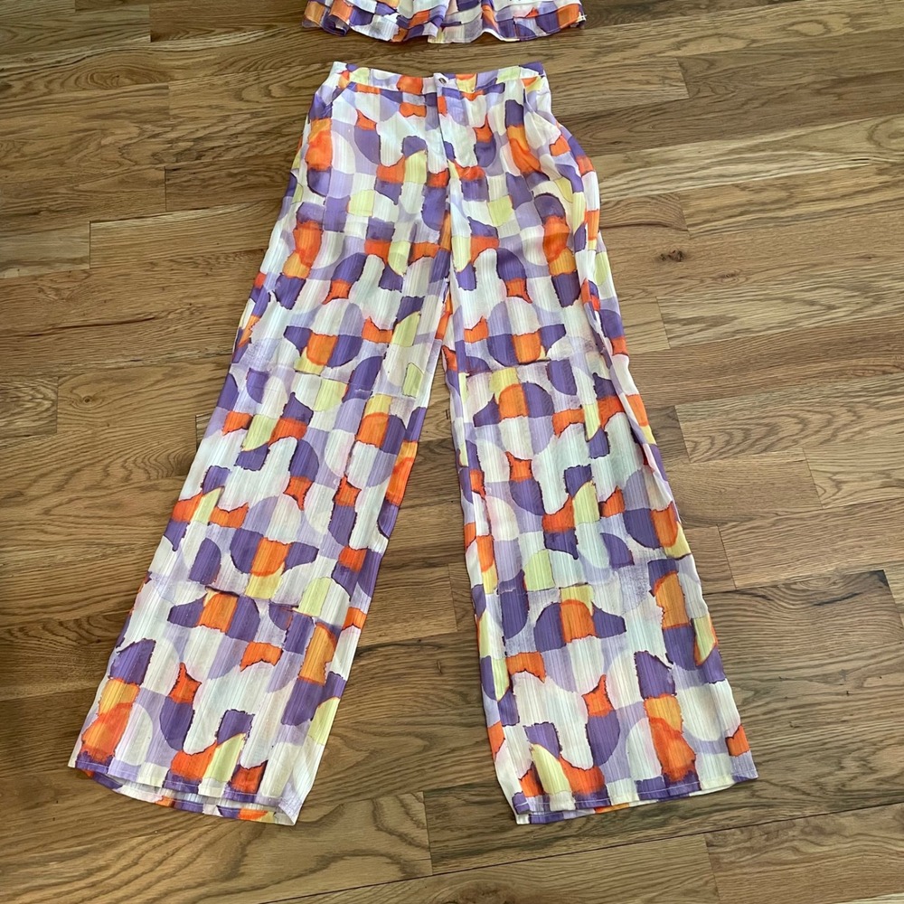 g.p.d. Women Abstract Geometric Print 2 Piece Set Crop Top Wide Leg Pants XS - Picture 4 of 9